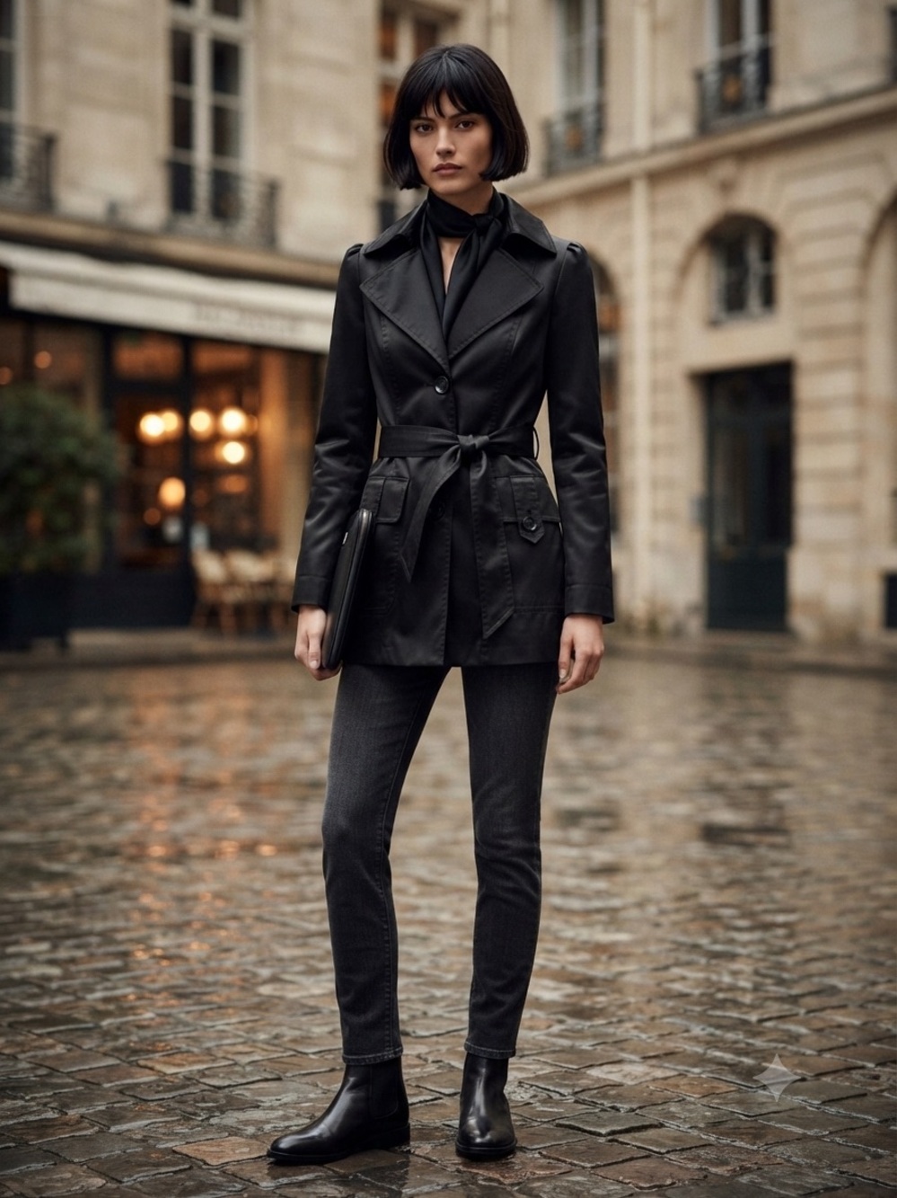 Sandro Black Short Trench Coat Size Small Belted Double Breasted Utility Jacket